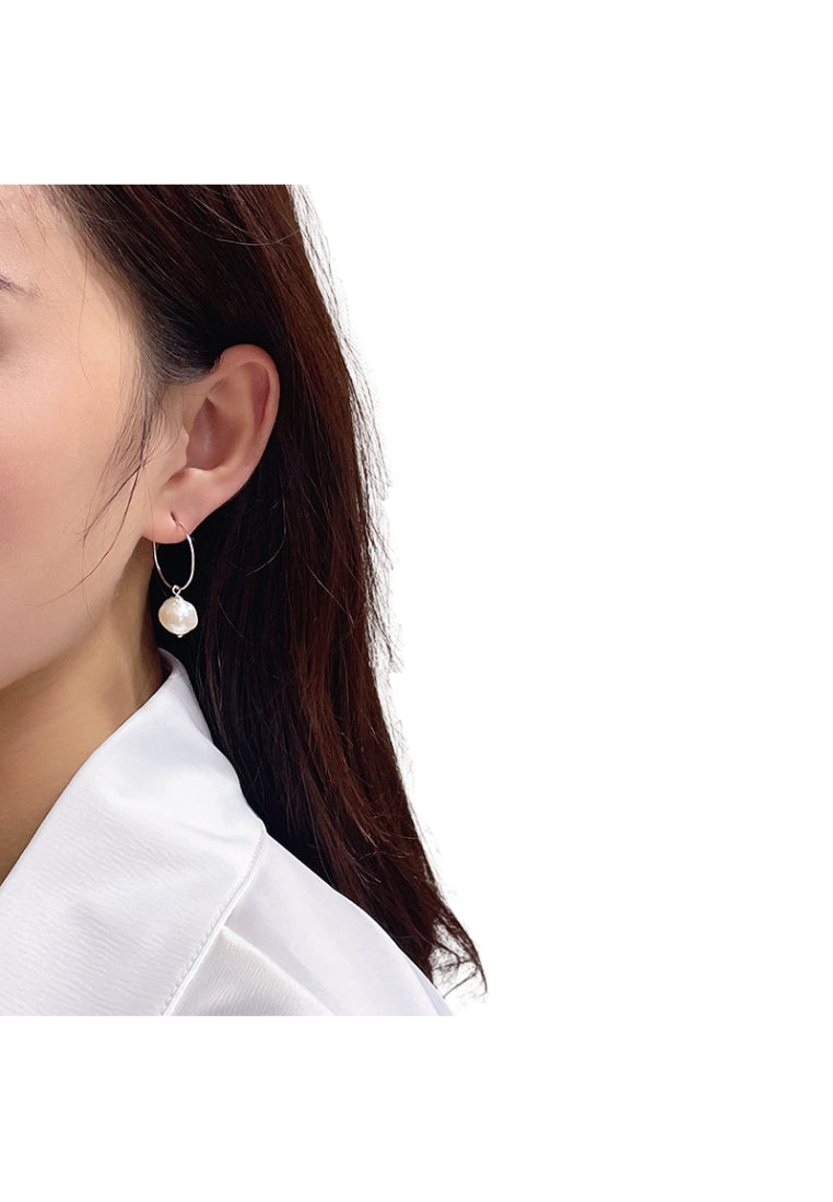 Stylish Circle S925 Silver Baroque Pearl Geometric Hoop Earrings for Women