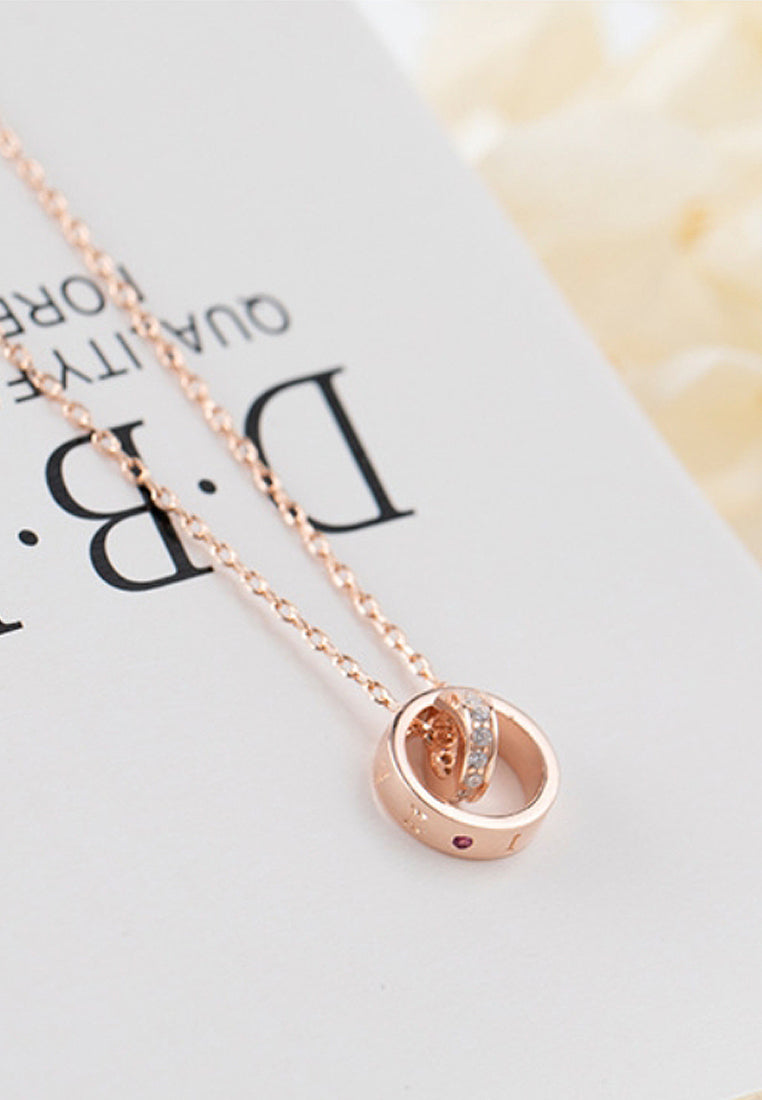 Simple Double -Ring Imitation Diamond Pendant Necklace
