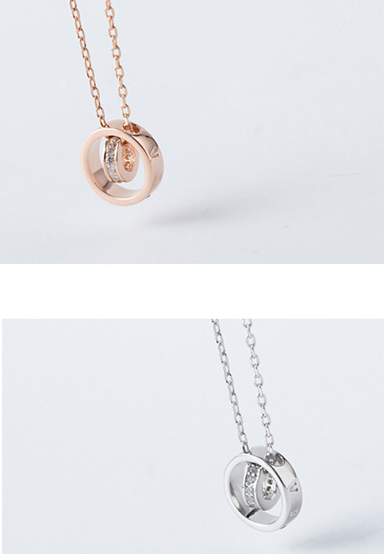 Simple Double -Ring Imitation Diamond Pendant Necklace