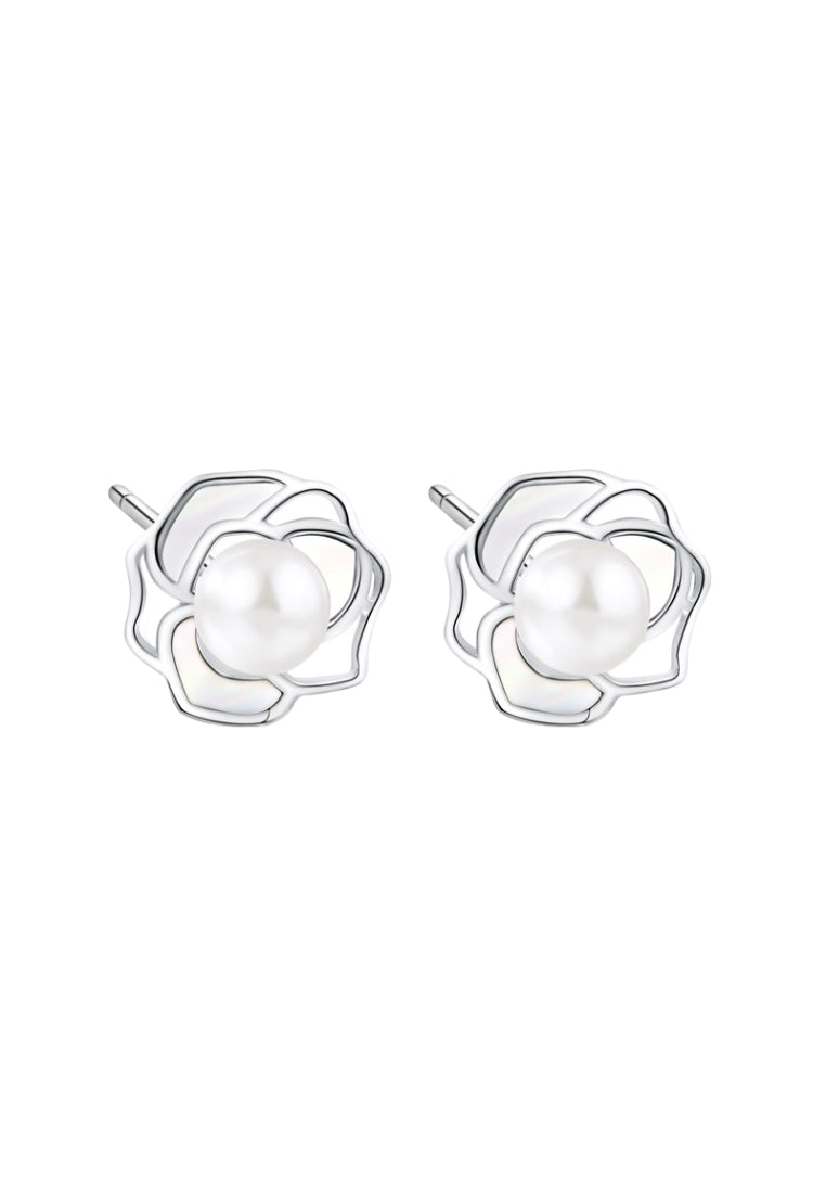 Camellia Earrings S925 Silver Pearl Studs for Women, Luxury and Niche Styled French Mother of Pearl Drops