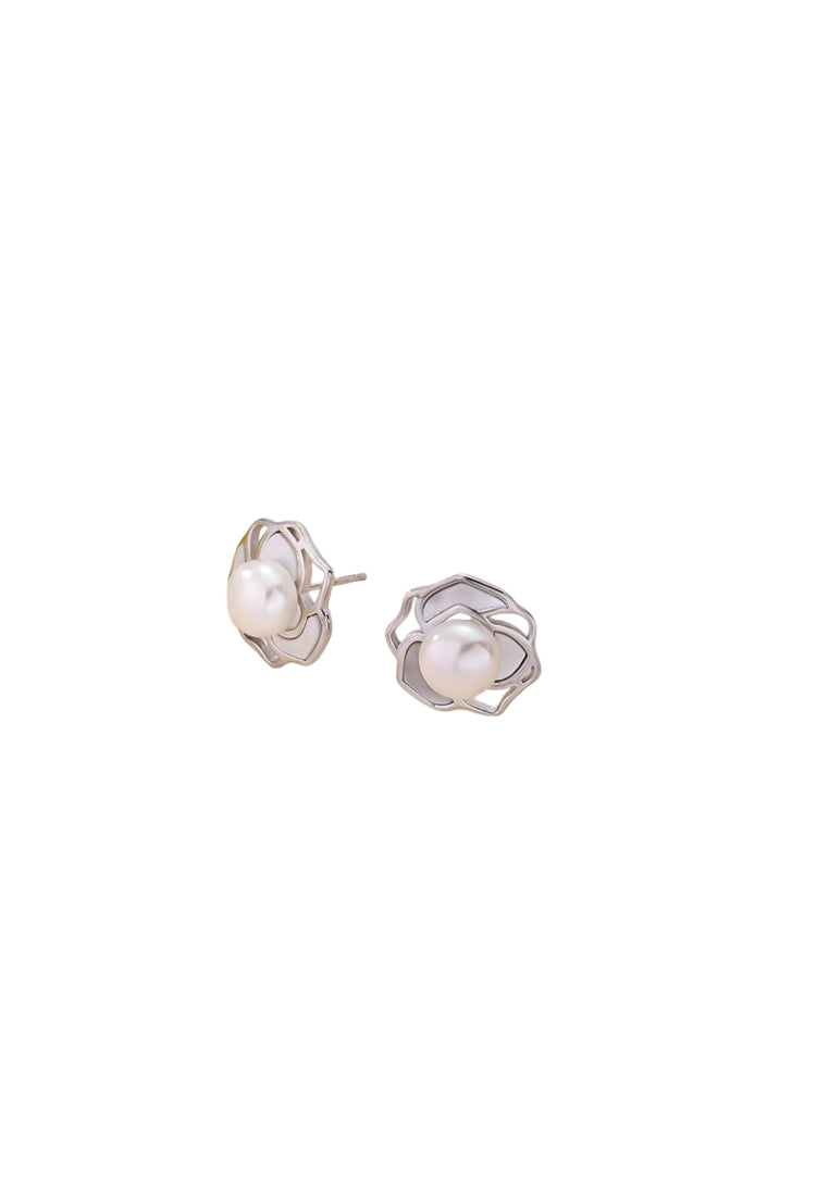 Camellia Earrings S925 Silver Pearl Studs for Women, Luxury and Niche Styled French Mother of Pearl Drops