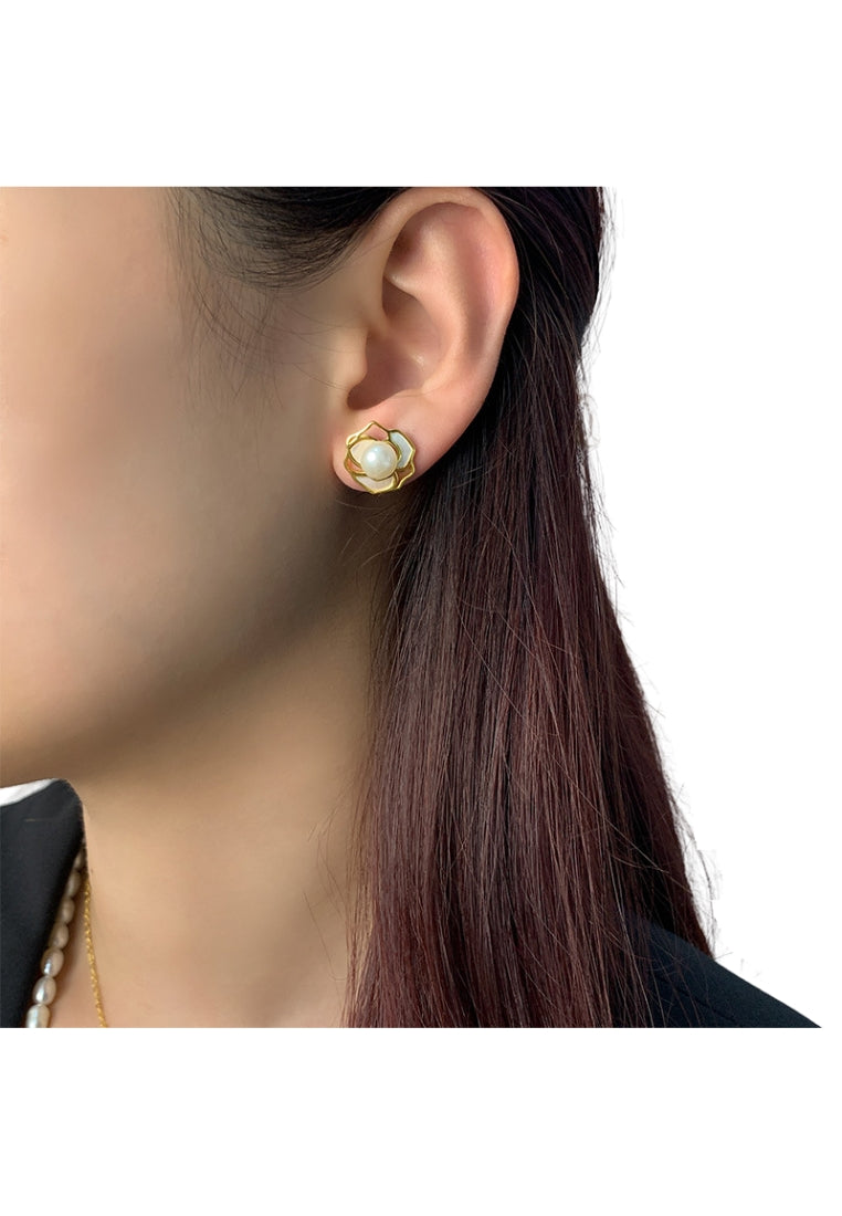 Camellia Earrings S925 Silver Pearl Studs for Women, Luxury and Niche Styled French Mother of Pearl Drops