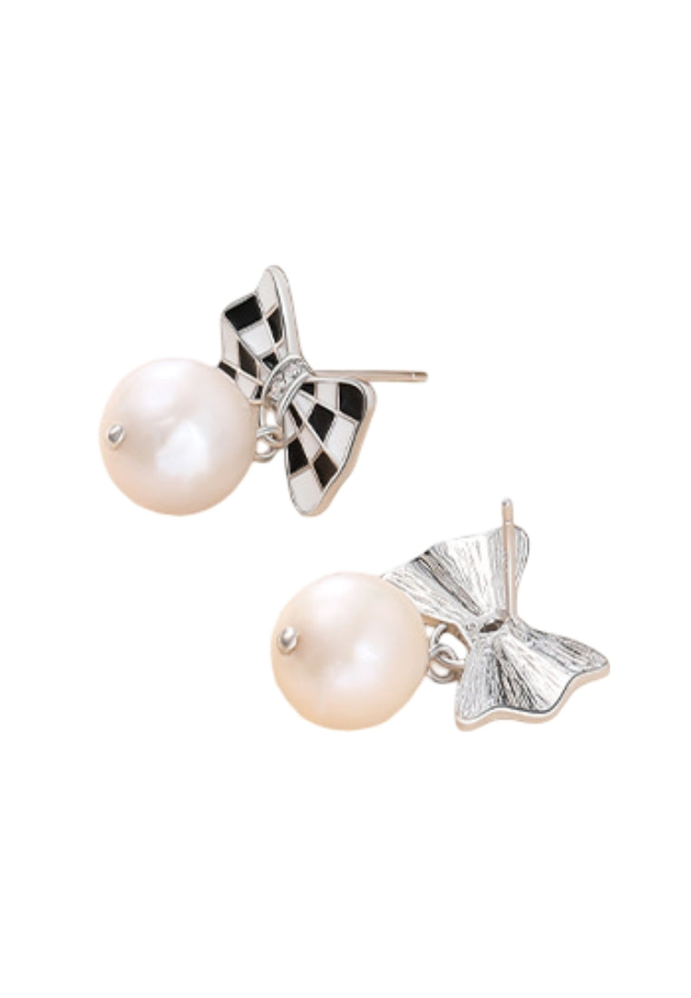 Sterling Silver Baroque Pearl Stud Earrings with Checkerboard Design, Fashionable French Style