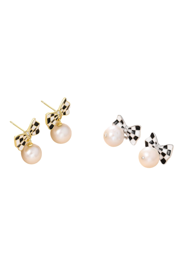 Sterling Silver Baroque Pearl Stud Earrings with Checkerboard Design, Fashionable French Style