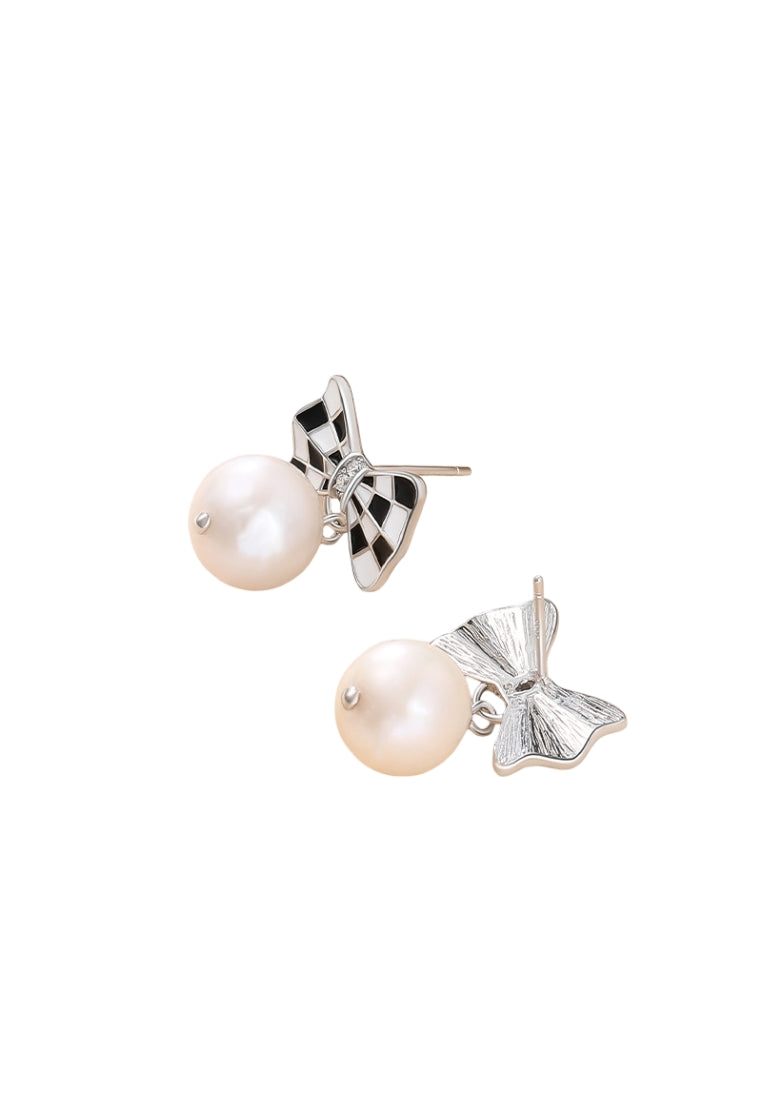 Sterling Silver Baroque Pearl Stud Earrings with Checkerboard Design, Fashionable French Style