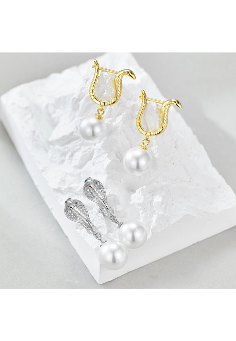Snake Design 925 Silver Shell Pearl Clip Earrings for Chinese Zodiac Year