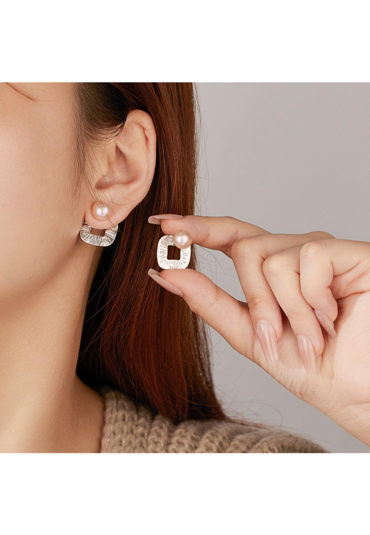 Korean style highend earrings S925 sterling silver niche design sense geometric matte frosted backhanging pearl earrings for women