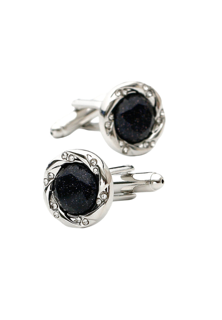 Men's Cufflinks, French Light Luxury, Blue Sandstone Rhinestone Silver Round Cuff Nail Buttons