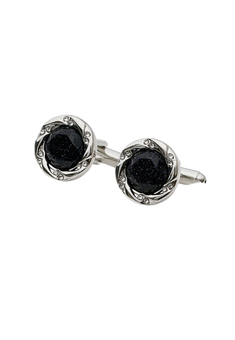 Men's Cufflinks, French Light Luxury, Blue Sandstone Rhinestone Silver Round Cuff Nail Buttons