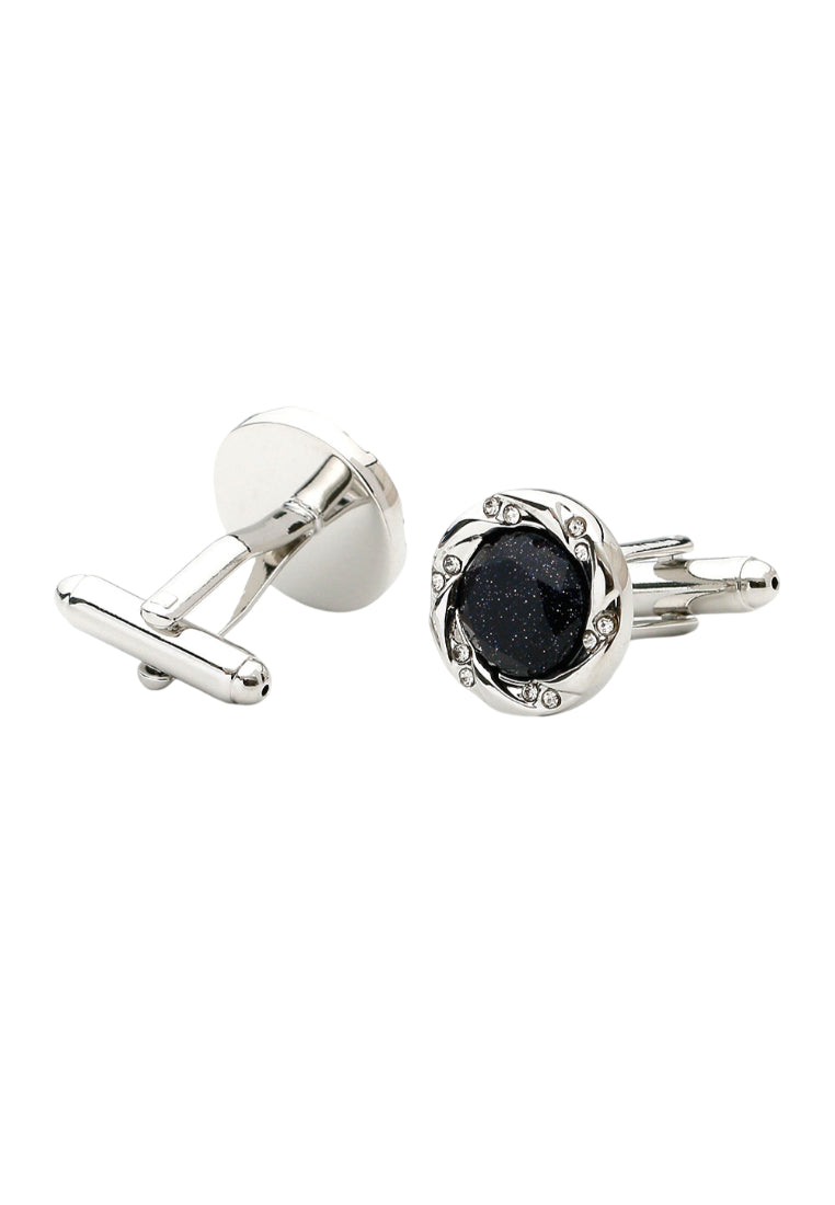 Men's Cufflinks, French Light Luxury, Blue Sandstone Rhinestone Silver Round Cuff Nail Buttons