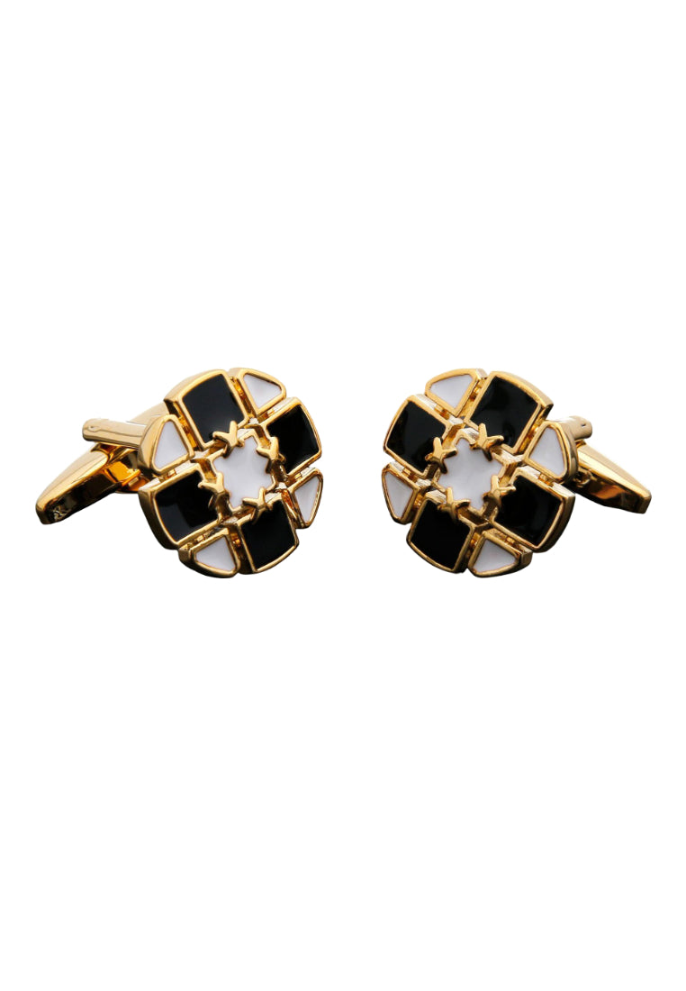 Pair Of Simple Black And White Creative Design Round Gold Copper Men's Cufflinks
