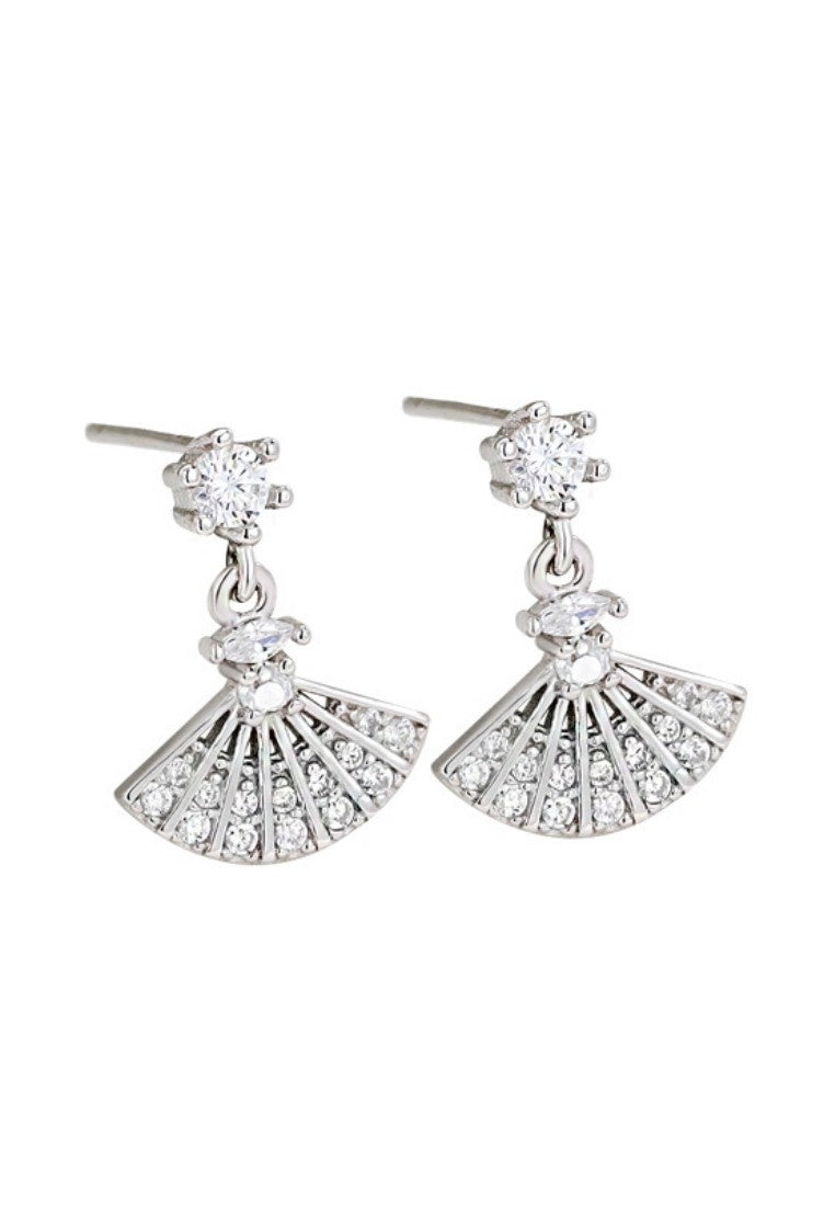 Set of 2 Pair Earrings - Sterling Silver Full Diamond Scalloped Hypoallergenic Stud Earrings