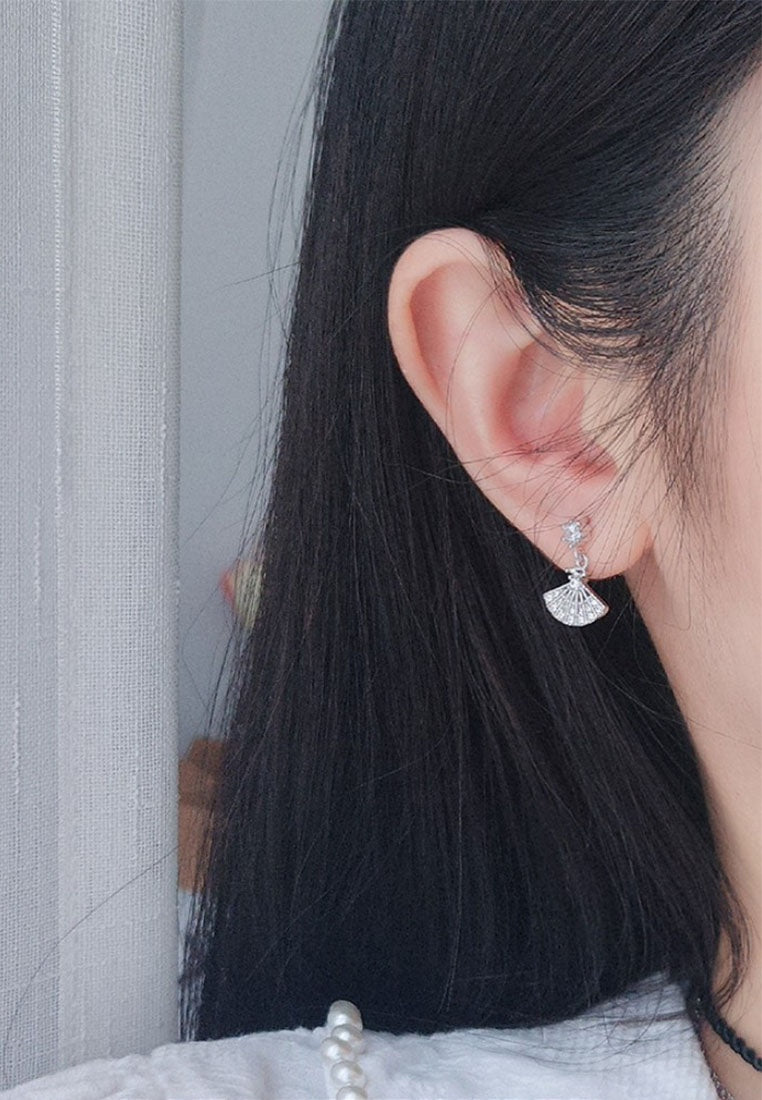 Set of 2 Pair Earrings - Sterling Silver Full Diamond Scalloped Hypoallergenic Stud Earrings