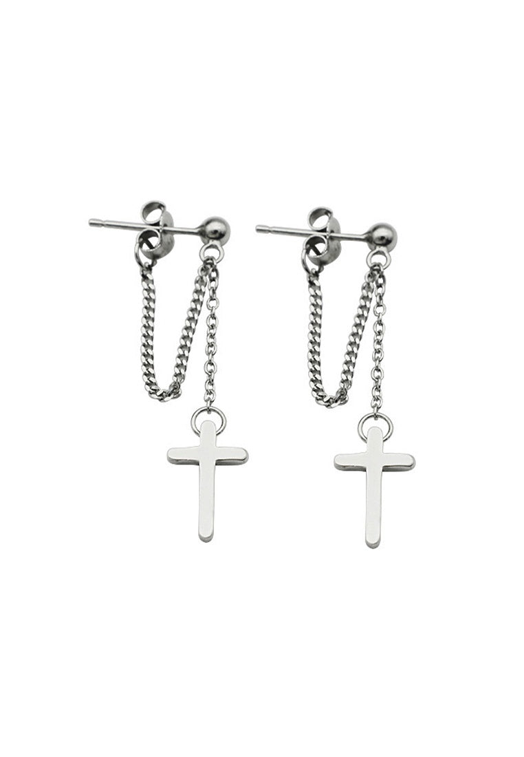 Set of 2 Pair Earrings - Sterling Silver Cross Chain Tassel Silver Stud Earrings