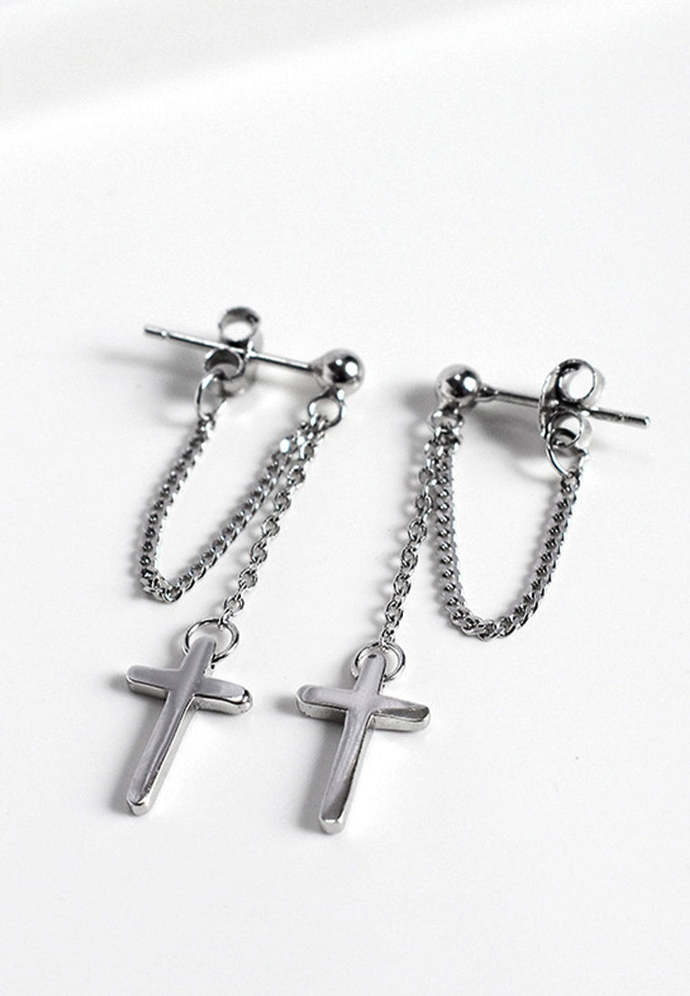 Set of 2 Pair Earrings - Sterling Silver Cross Chain Tassel Silver Stud Earrings
