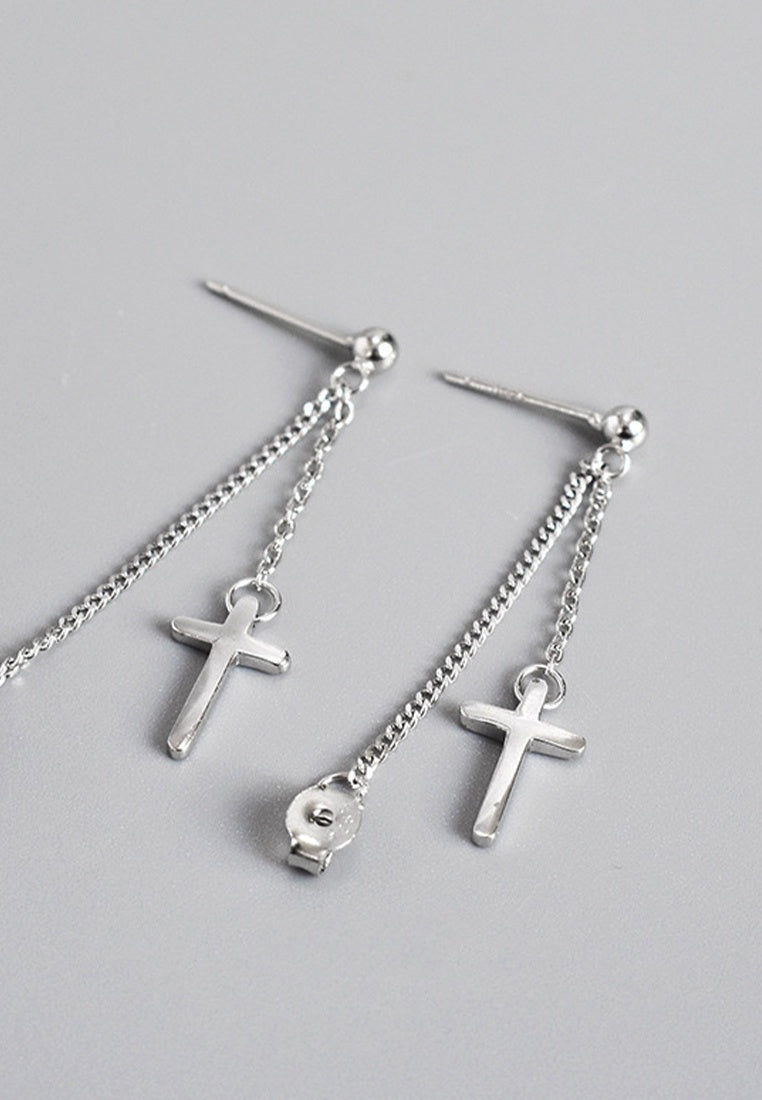 Set of 2 Pair Earrings - Sterling Silver Cross Chain Tassel Silver Stud Earrings