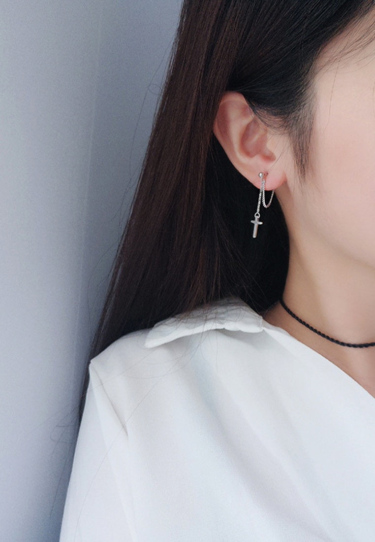 Set of 2 Pair Earrings - Sterling Silver Cross Chain Tassel Silver Stud Earrings