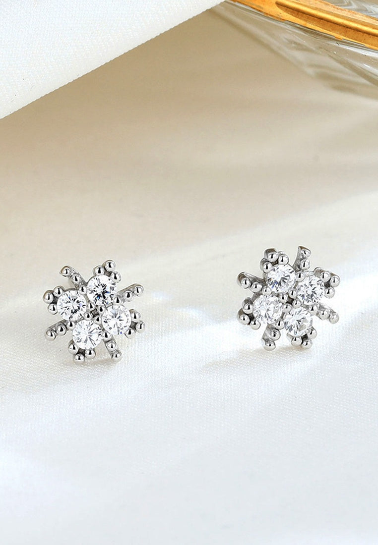 Set of 2 Pair Earrings - Sterling Silver Sparkling Snowflake Stud Earrings
