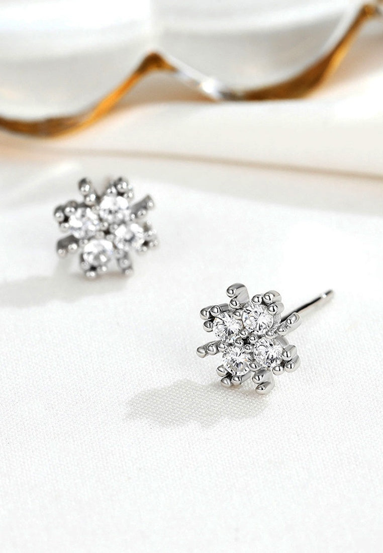 Set of 2 Pair Earrings - Sterling Silver Sparkling Snowflake Stud Earrings