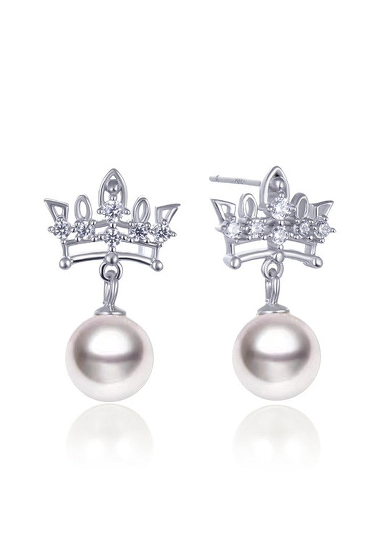 Diamond Zircon Crown Sterling Silver Bead Drop Earrings