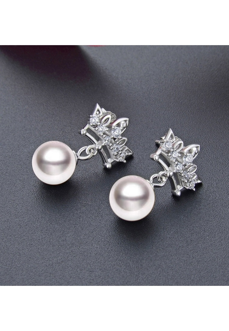 Diamond Zircon Crown Sterling Silver Bead Drop Earrings
