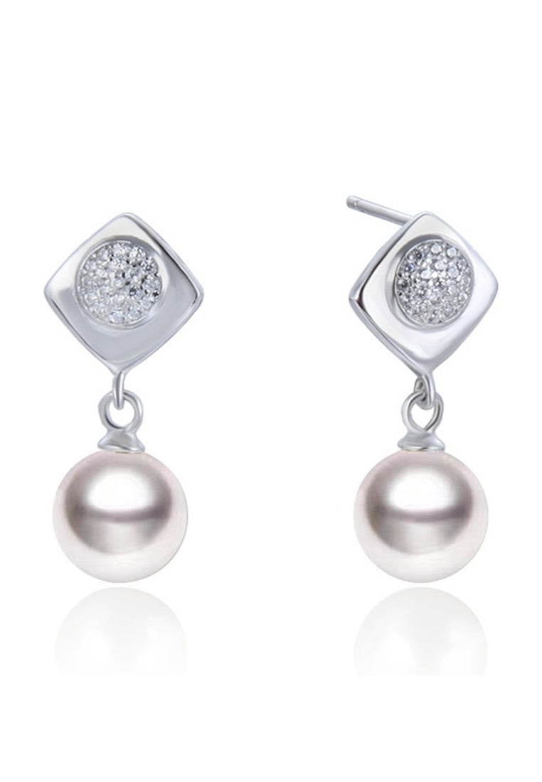 Sterling Silver Cropped Pearl Earrings with Diamonds