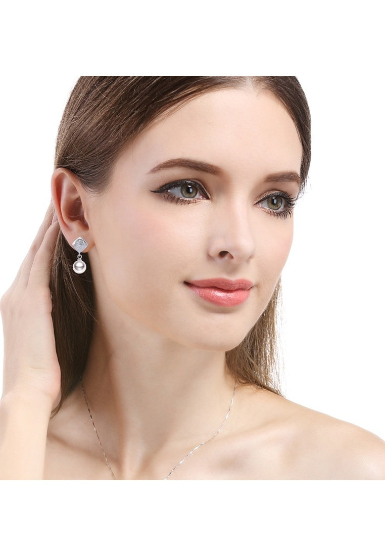 Sterling Silver Cropped Pearl Earrings with Diamonds
