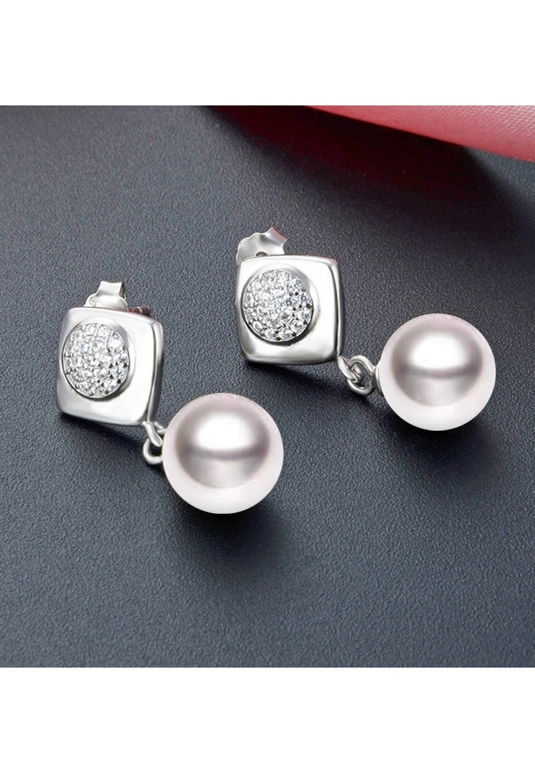 Sterling Silver Cropped Pearl Earrings with Diamonds