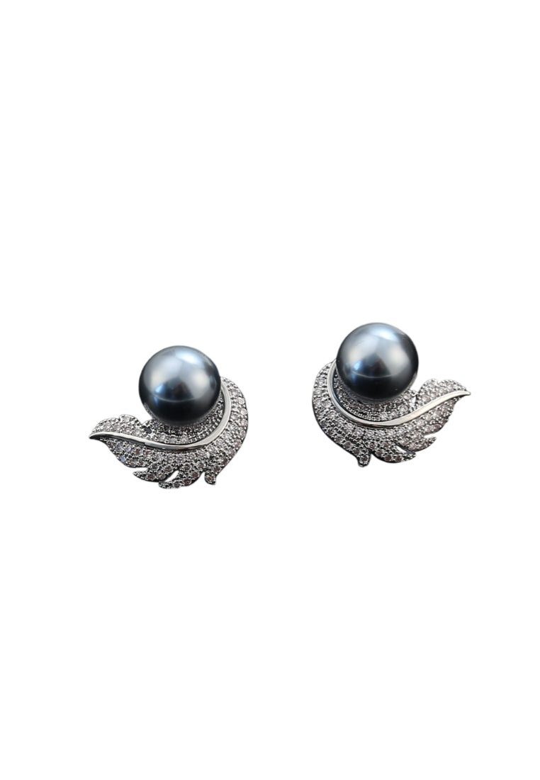 Wave Diamond Pearl Stud Earrings