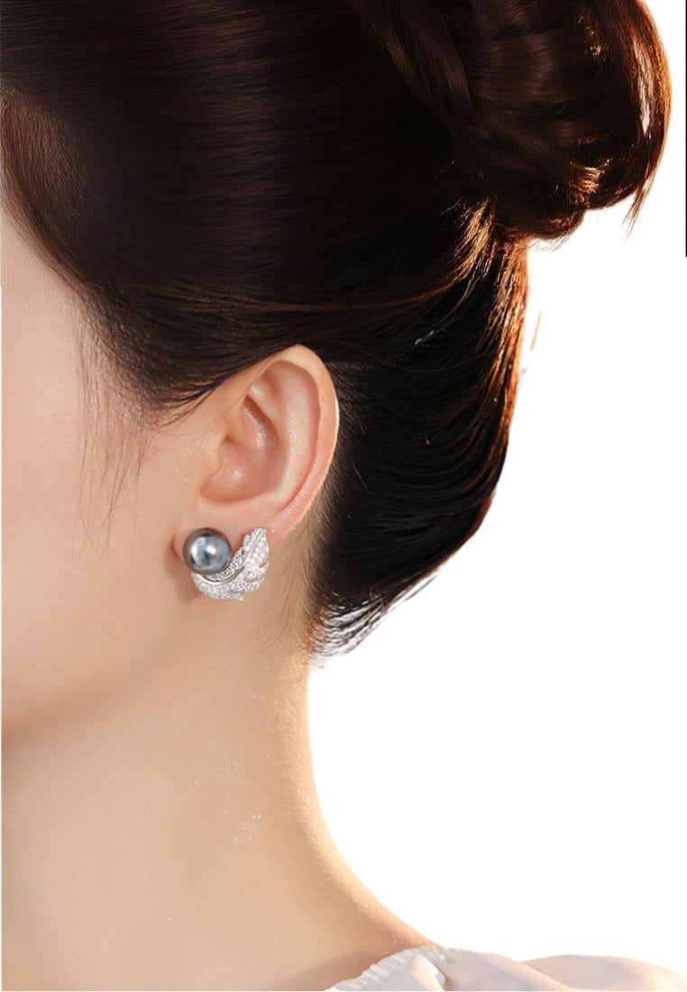 Wave Diamond Pearl Stud Earrings