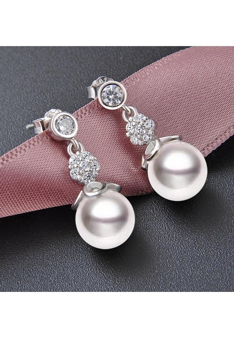 Sterling Silver Pearl Kapok Diamond Zircon Bead Earrings
