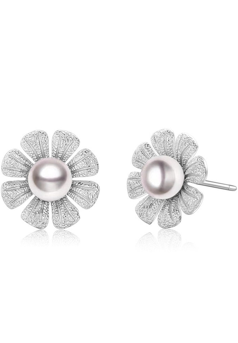 Sterling Silver Sunflower Pearl Stud Earrings
