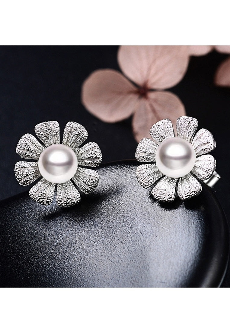 Sterling Silver Sunflower Pearl Stud Earrings
