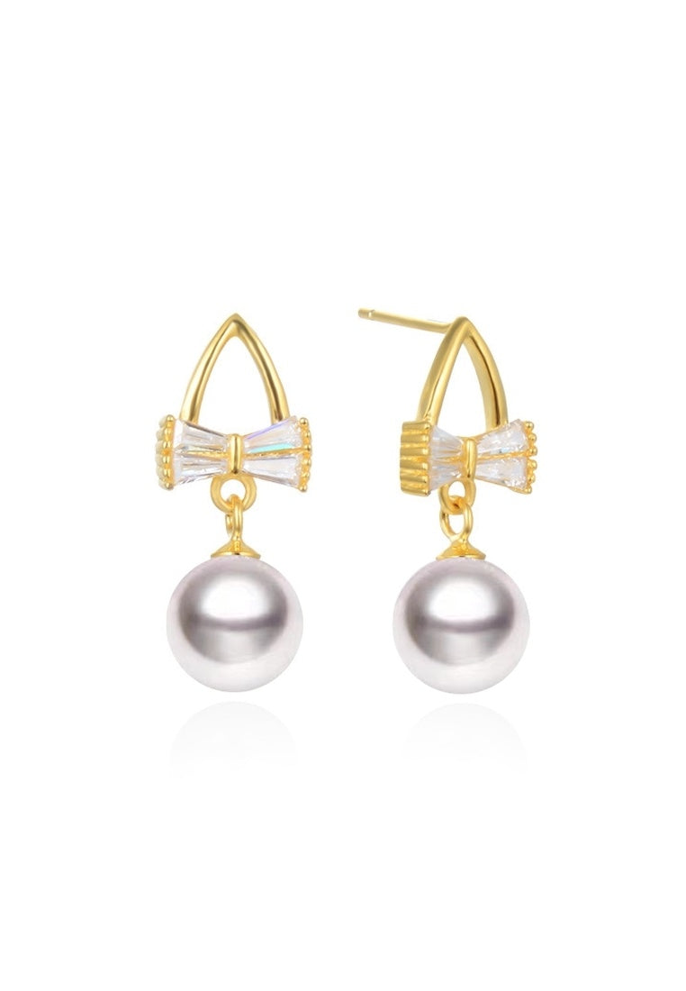 Sterling Silver Gold Plated Diamond Pearl Bow Stud Earrings