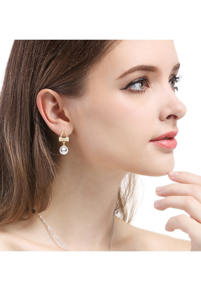 Sterling Silver Gold Plated Diamond Pearl Bow Stud Earrings