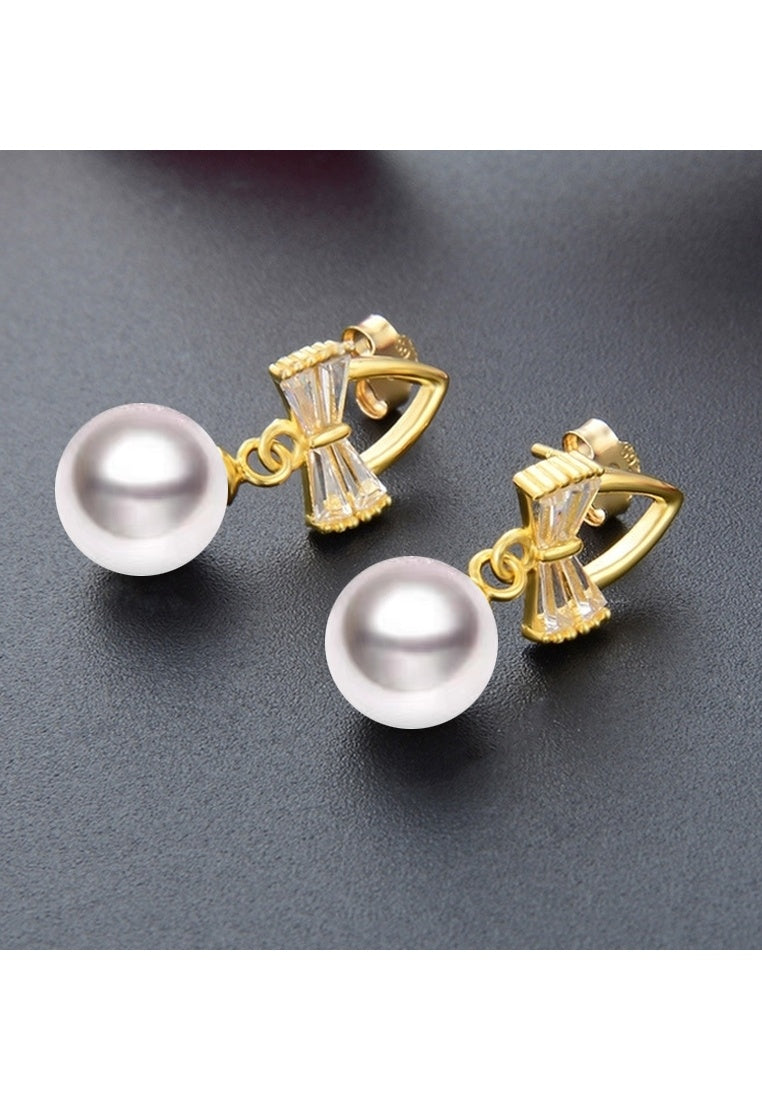 Sterling Silver Gold Plated Diamond Pearl Bow Stud Earrings