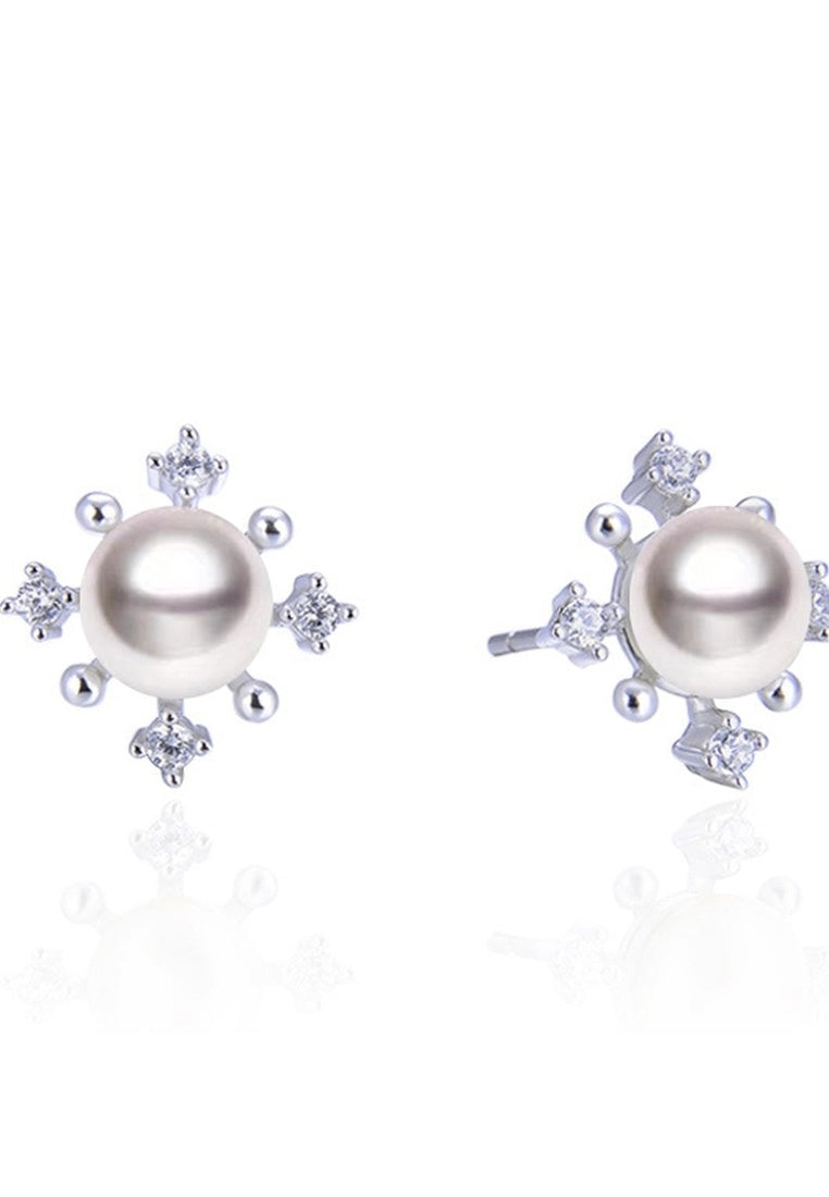 Sterling Silver Pearl Zircon Stud Earrings