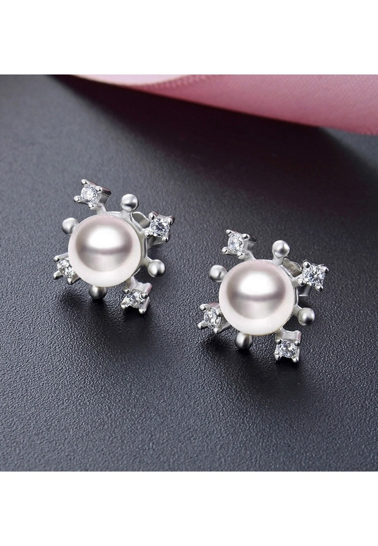 Sterling Silver Pearl Zircon Stud Earrings