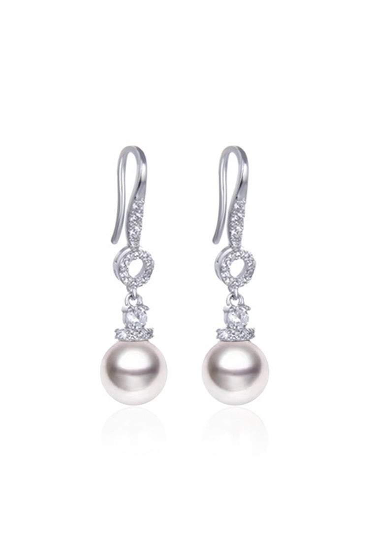 Sterling Silver Geometric Pearl and Diamond Bulb Zircon Drop Earrings