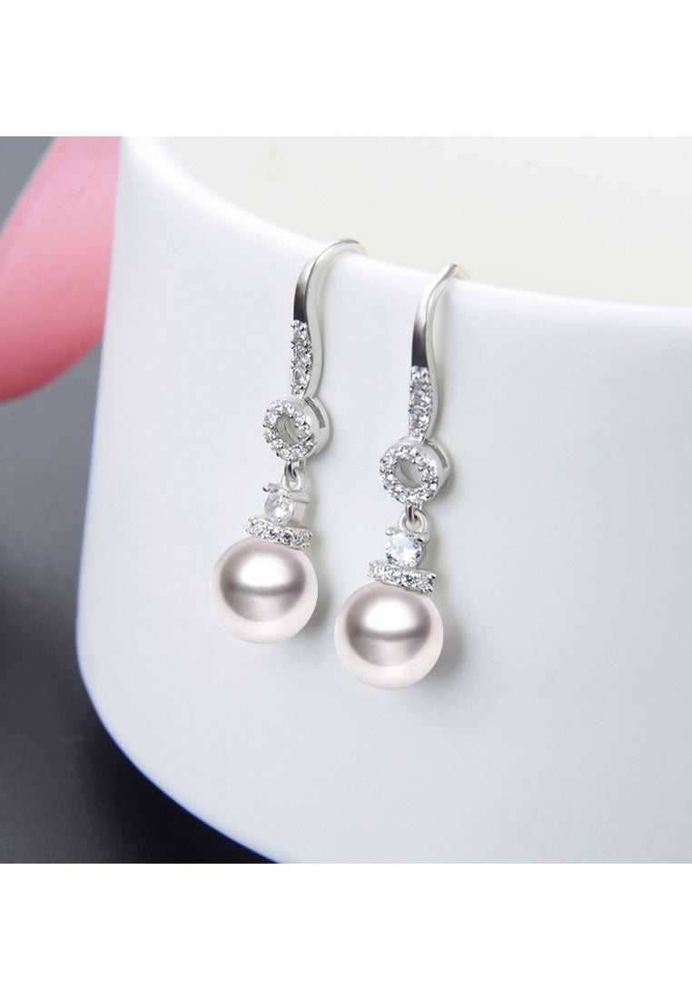 Sterling Silver Geometric Pearl and Diamond Bulb Zircon Drop Earrings