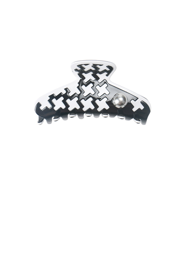 Stylish Black And White Houndstooth Pattern Hair Claw With Pearls