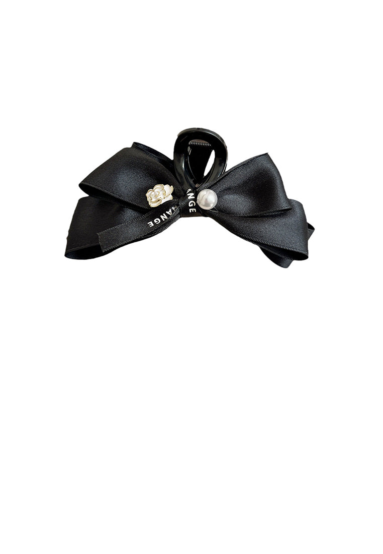 Elegant White Camellia Ribbon Hair Claw With Pearls