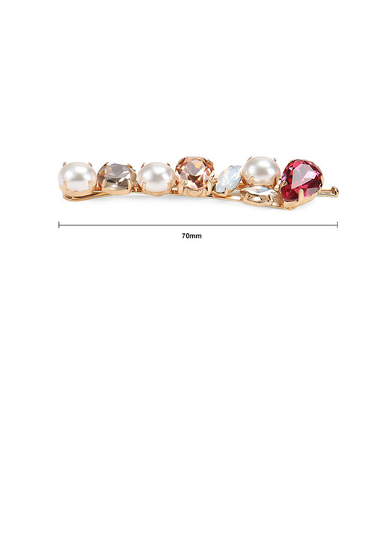 Fashion And Simple Plated Gold Red Cubic Zirconia Geometric Hair Clip With Imitation Pearl - Luxurious Look - Vibrant Color