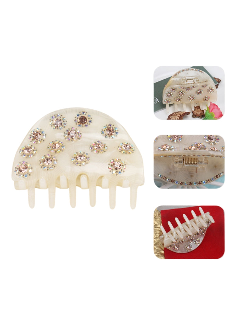 Simple And Bright Geometric Beige Hair Claw With White Cubic Zirconia - Elegant Hairpiece - Luxurious Look