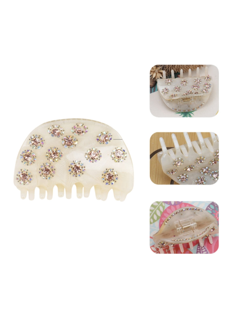 Simple And Bright Geometric Beige Hair Claw With White Cubic Zirconia - Elegant Hairpiece - Luxurious Look