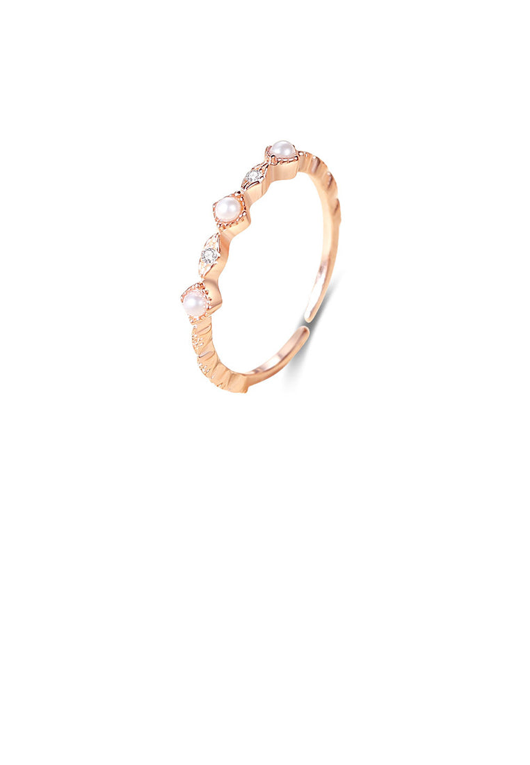 925 Sterling Silver Plated Rose Gold Simple Geometric Imitation Pearl Adjustable Open Ring With Cubic Zirconia - Luxurious Look