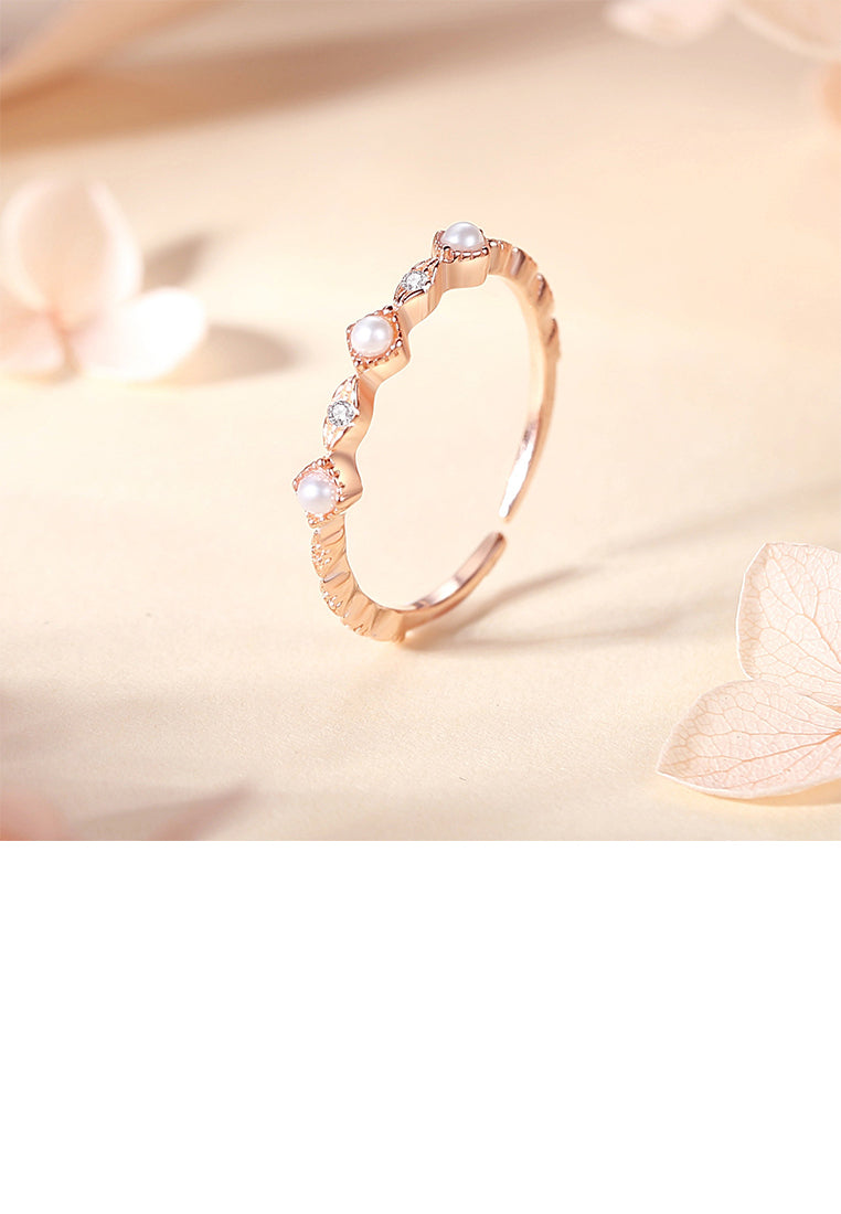 925 Sterling Silver Plated Rose Gold Simple Geometric Imitation Pearl Adjustable Open Ring With Cubic Zirconia - Luxurious Look
