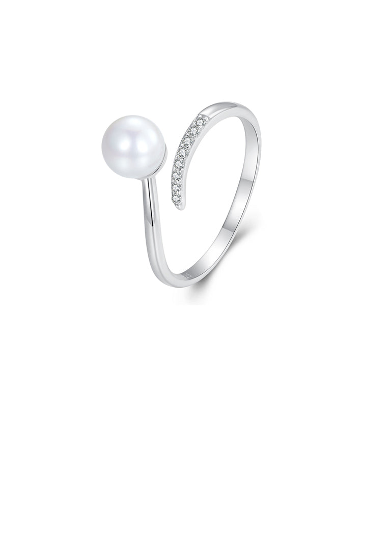 925 Sterling Silver Fashion And Elegant Geometric Imitation Pearl Adjustable Open Ring With Cubic Zirconia - Luxurious Look