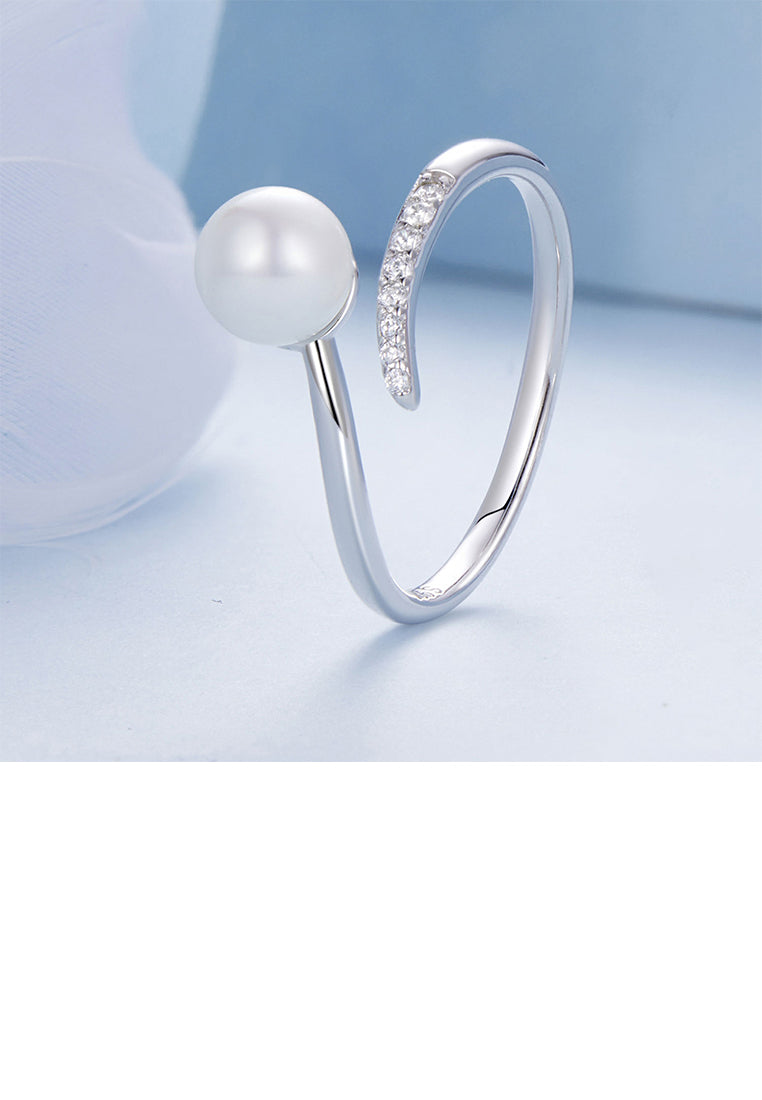925 Sterling Silver Fashion And Elegant Geometric Imitation Pearl Adjustable Open Ring With Cubic Zirconia - Luxurious Look