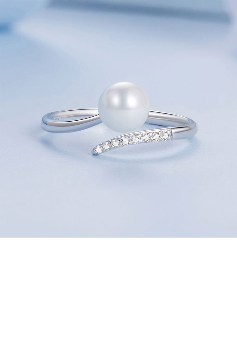 925 Sterling Silver Fashion And Elegant Geometric Imitation Pearl Adjustable Open Ring With Cubic Zirconia - Luxurious Look